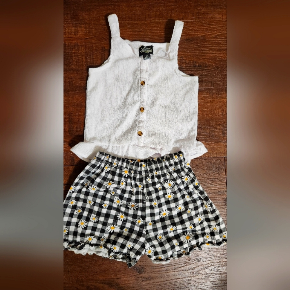 White Button-Up Tank Top and Black Plaid Daisy Shorts Set